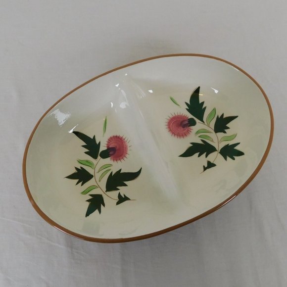 Stangl Pottery Thistle 10" Oval Divided Vegetable Bowl Pink Green Vintage FLAW - Picture 1 of 12